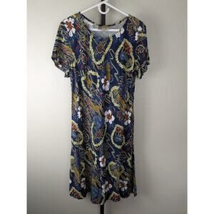 Hilo Hattie short sleeve midi length dress navy blue travel lei plane